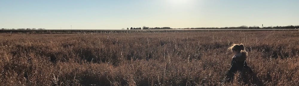 Girl in a blue coat standing in a field in fall.